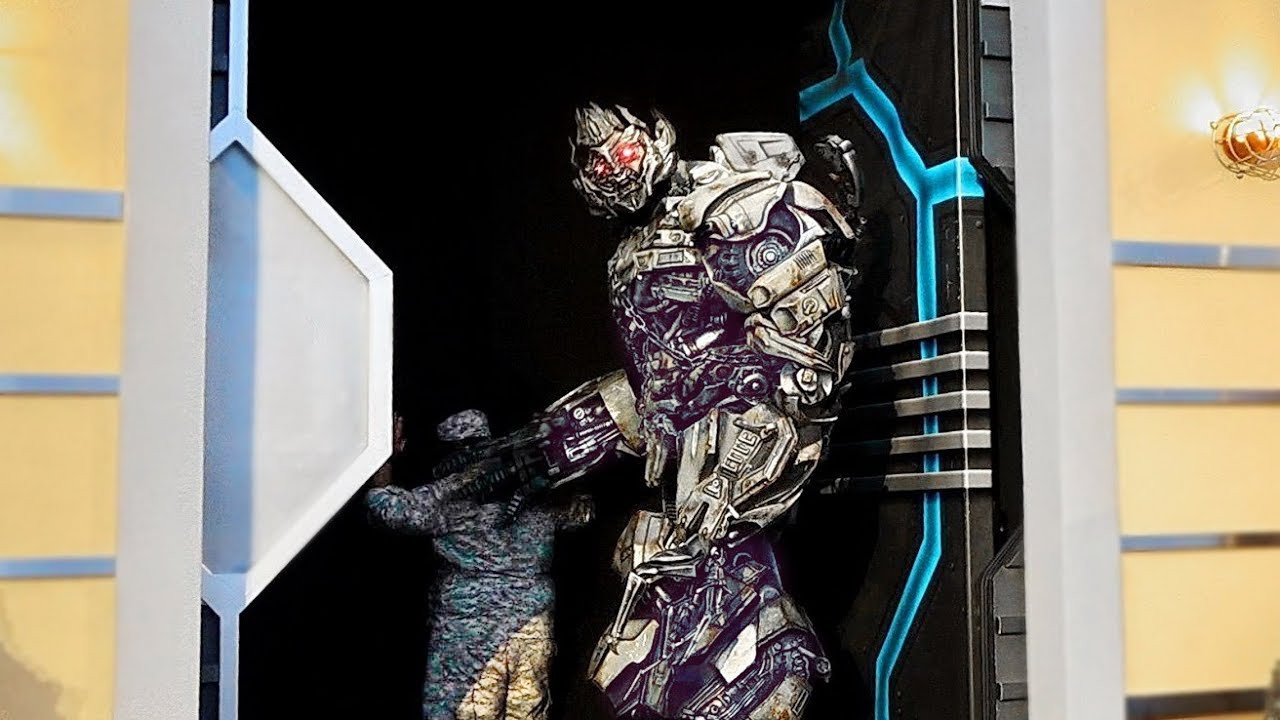 Scared kids run from Megatron Optimus Prime - angry Megatron