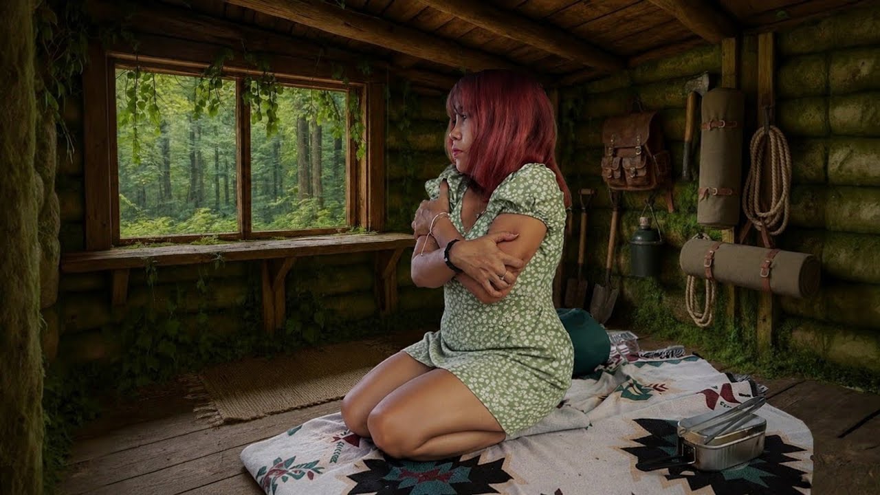 Tiny girl Finds Her Bushcraft Shelter Buried in Moss | Restoring Log Cabin, Cooking & Relaxing