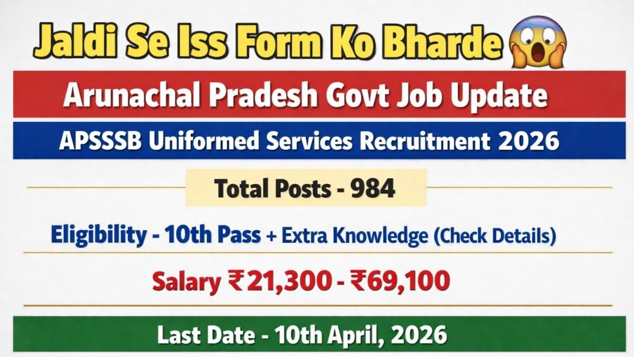 Arunachal Pradesh Govt Job 2026 | APSSSB Uniformed Services Recruitment | 984 Posts | 10th Pass Job 