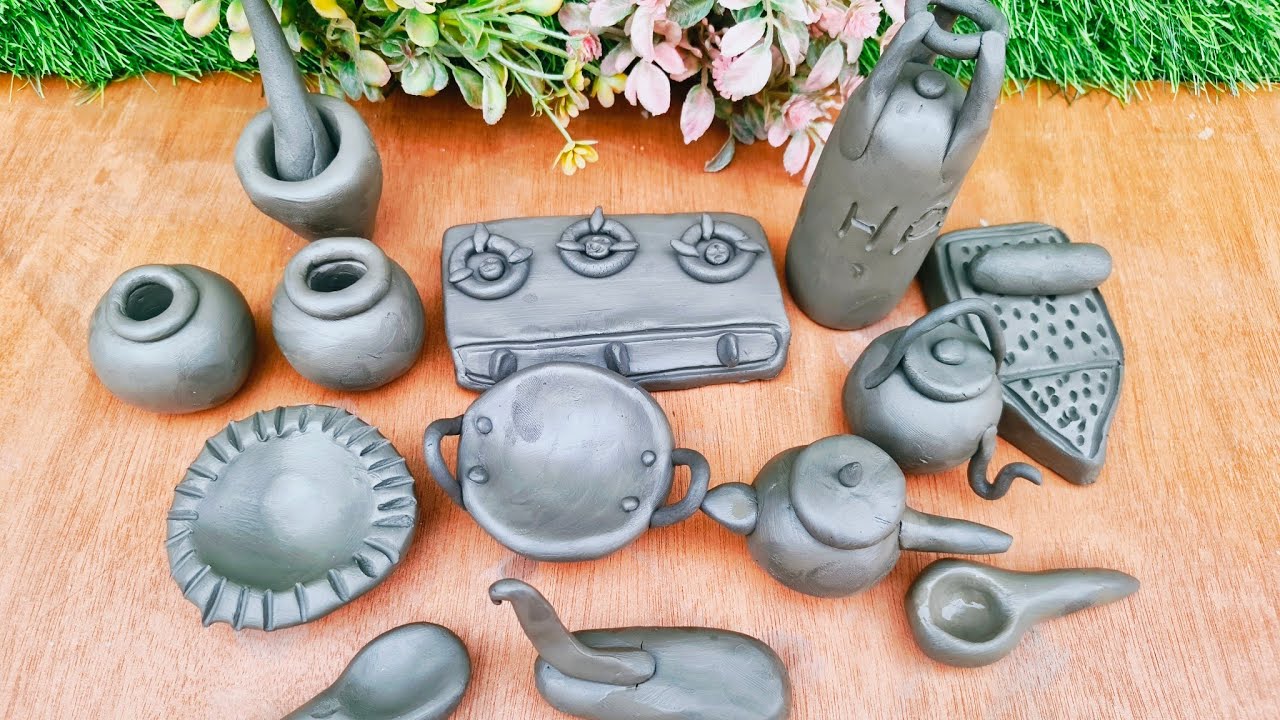 🍶Diy polymer clay kitchen set☕️handmade kitchen set🍜miniature kitchen set with clay✨️mitti ke bartan