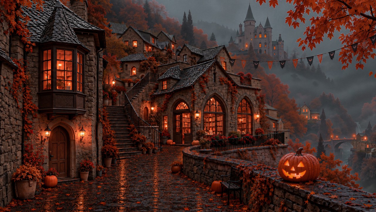 Foggy Autumn Village by the Mountain Castle | Glowing Pumpkin Ambience and Dark Academia Piano Music