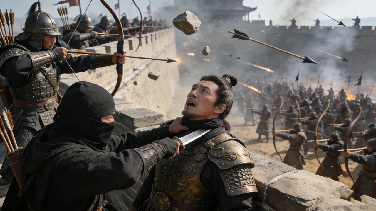 蒙面俠客刺殺敵軍首領，怎料不是對手，活活摔下城牆而死！#kungfu   #武俠電影