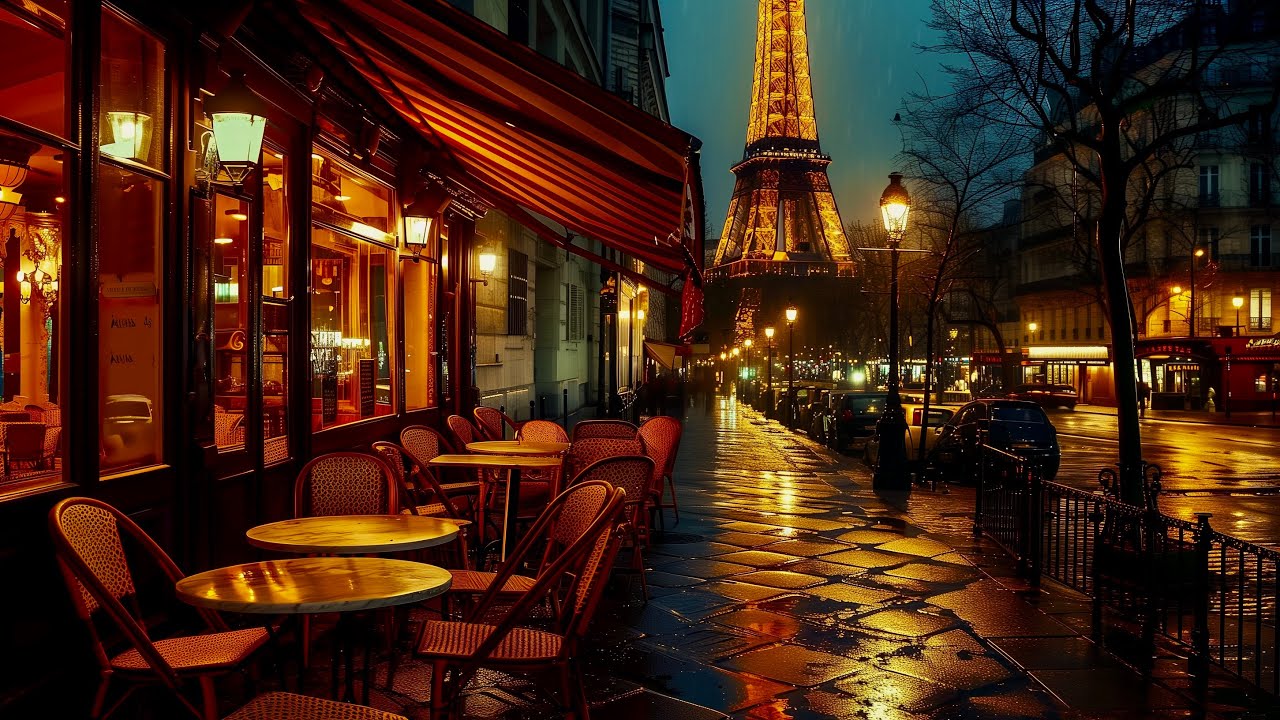 1920s Paris Coffee Shop Exterior with Eiffel Tower View | Heavy Rain Ambience | 4 Hour