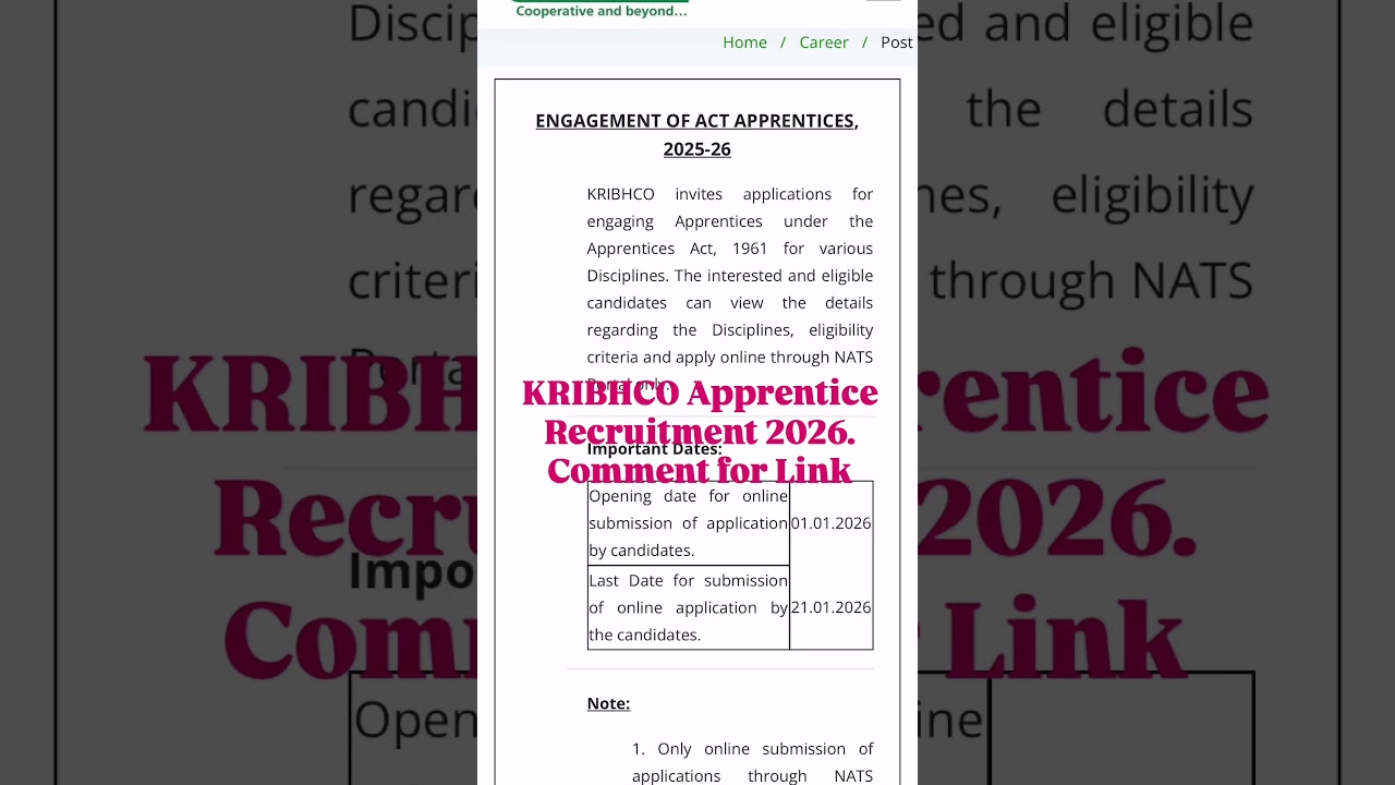 KRIBHCO Apprentice Recruitment 2026.Comment for Link 