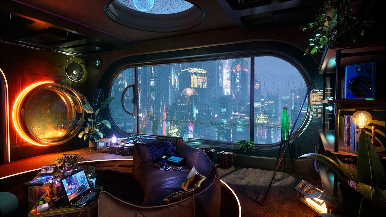 Rainy Night in a Cozy Cyberpunk Apartment Ambience with Rain & Thunder Sounds | Sleep, Focus, Chill