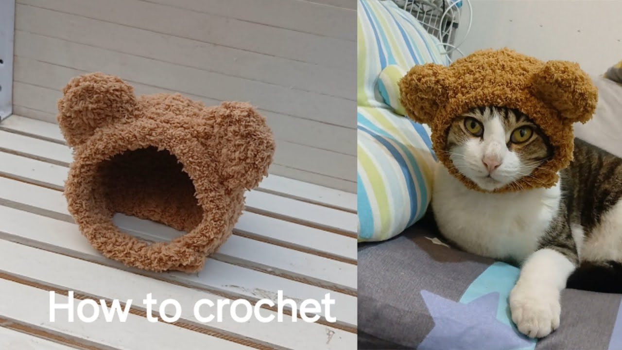 （原創）手作貓咪頭套教學寵物頭套Diy鉤針編織 小熊帽