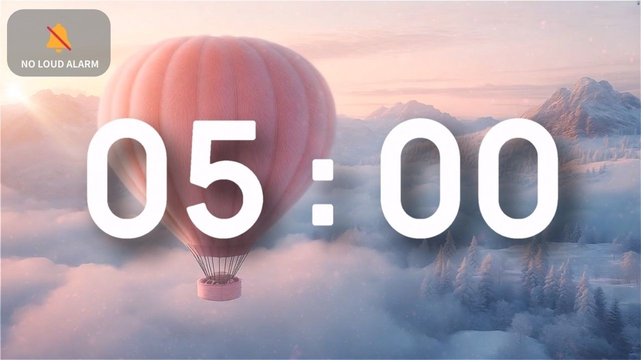 5 Minute Classroom Timer with Music — Calm Ambient Piano Winter Sunrise Mountains — NO LOUD ALARM