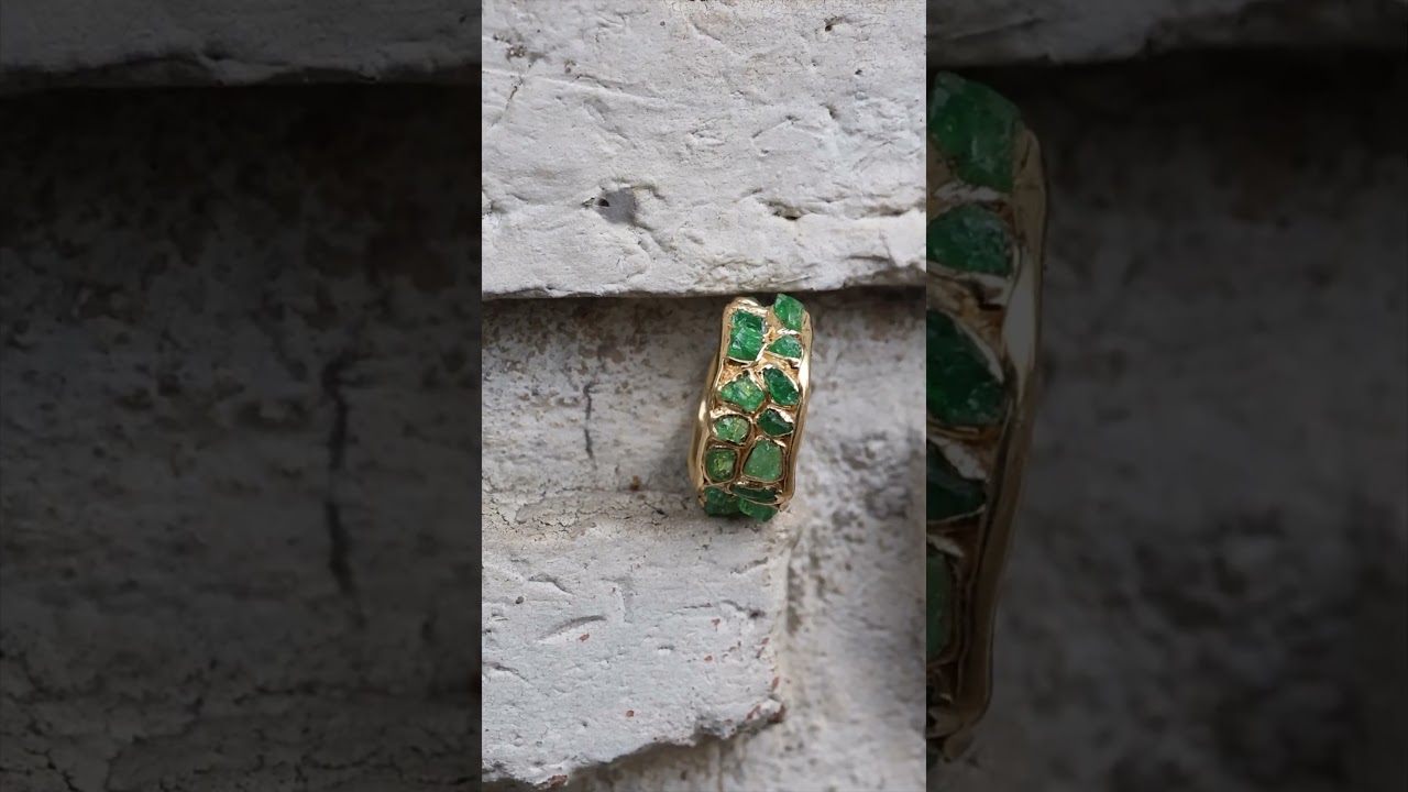 Viridi Wide Barrel Ring with Raw Green Tsavorite in Sterling Silver with 14K Gold Plating