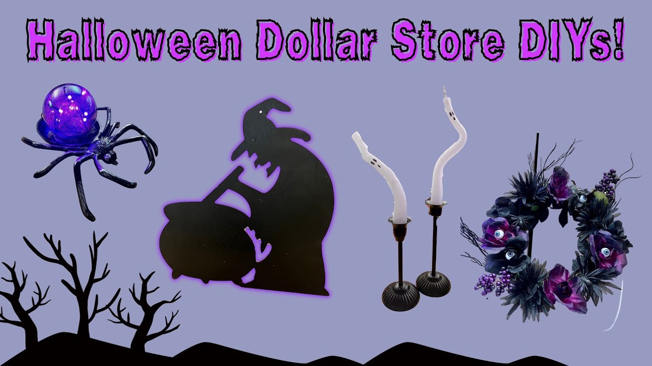 Dollar Store Halloween DIYs - Spooky Wreath, Witch Silhouette, Glowing Spider, Ghost Candles