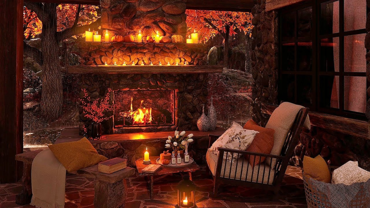 It's raining in the forest house and you can relax near the crackling fireplace - Autumn Ambience