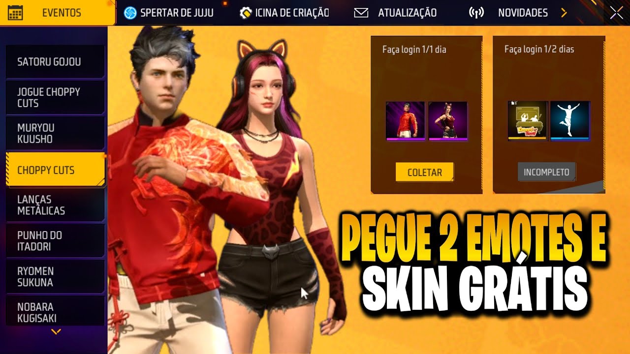 CORRE! PEGUE 2 EMOTES GRÁTIS E SKINS, CHOPPY CUTS, EVENTO AMANHÃ E SUPERMERCADO FF