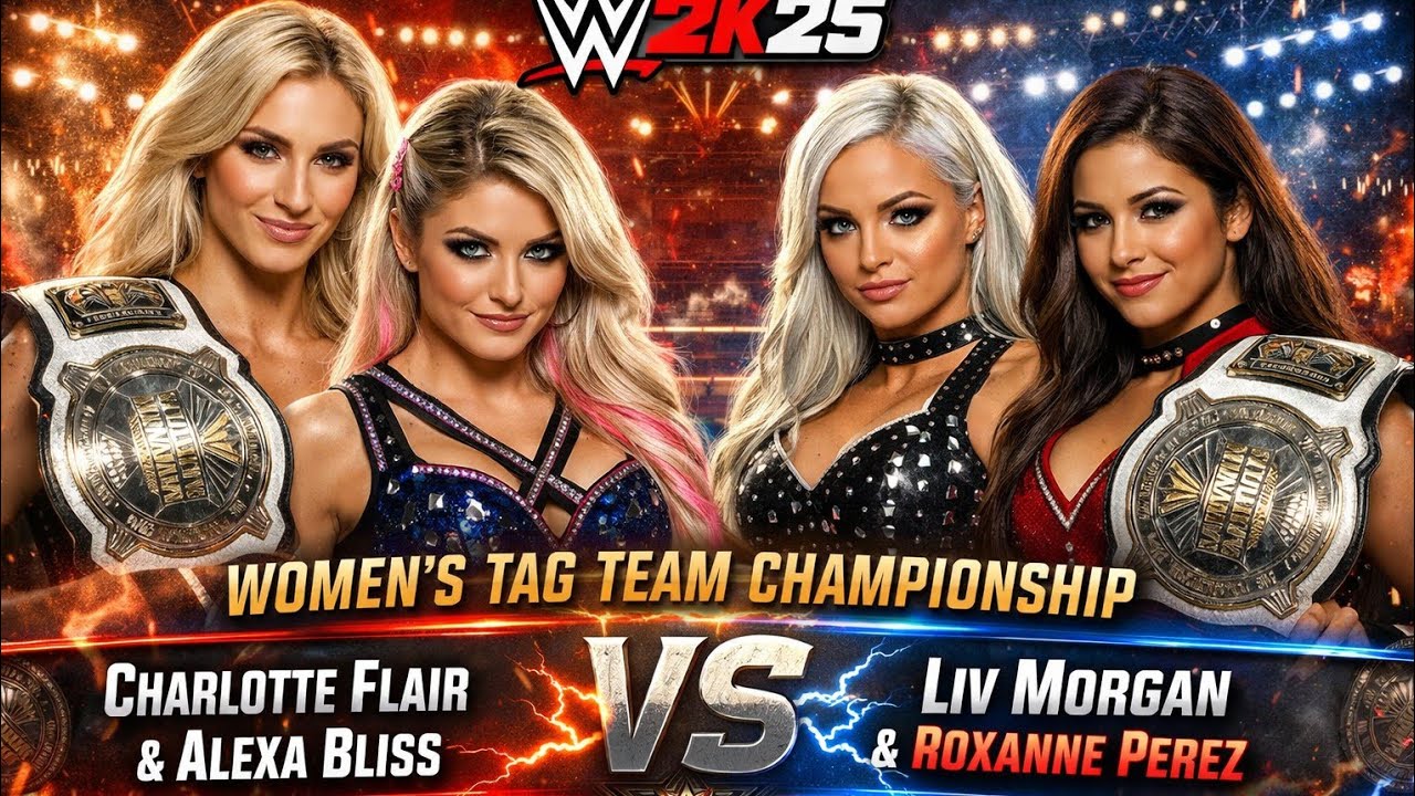 Wwe 2k25 Women’s Tag Team Champions Charlotte Flair & AlexaBliss Vs Liv Morgan & Roxanne Perez Match