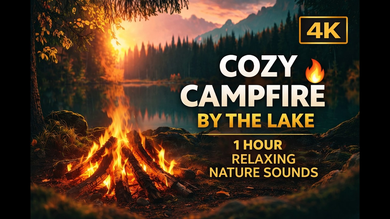 Cozy Campfire by the Lake at Sunset ASMR | 1 Hour Relaxing Crackling Fire & Nature Sounds 🔥