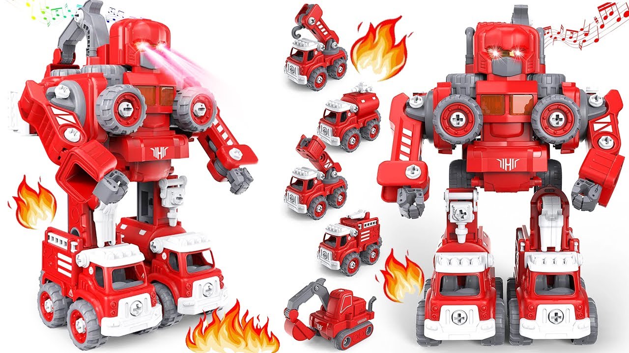 Review Fun Toys with 5 in 1 Take Apart Robot Fire Vehicles Set, Autobots Assemble Step | Candy ASMR