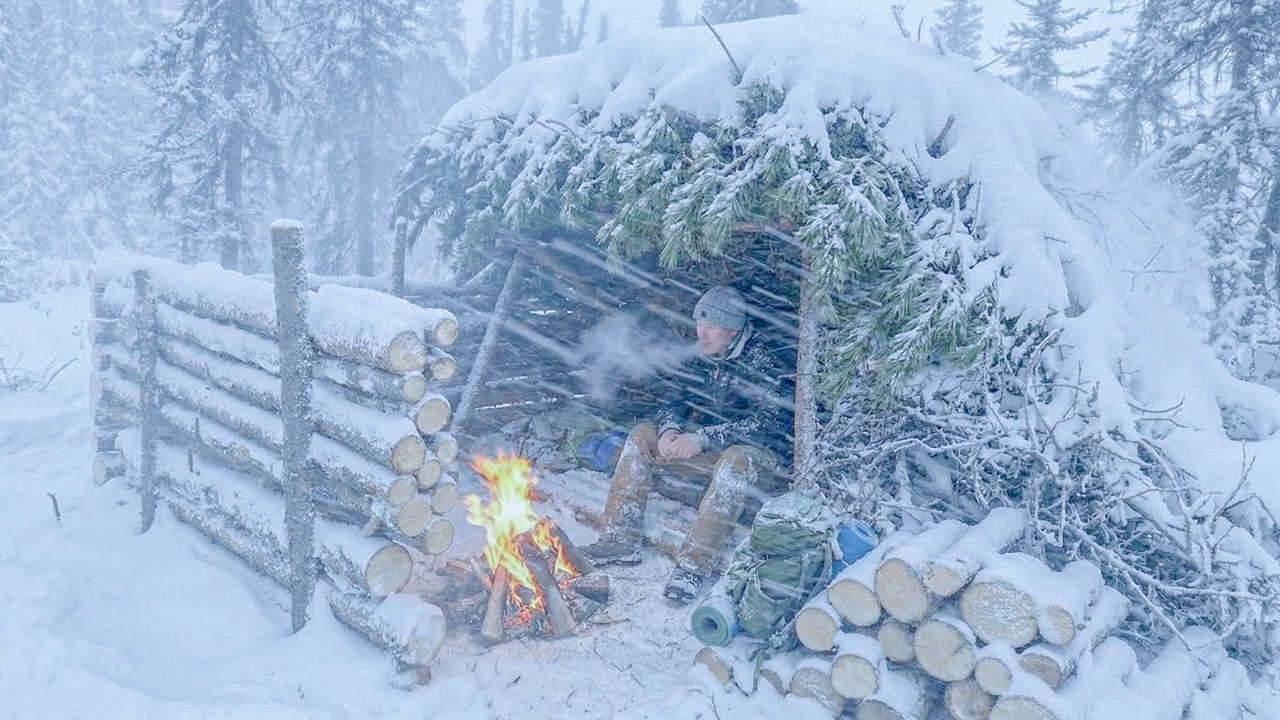 Surviving the SNOWSTORM in Bushcraft Shelter Build Alone | No Tent, No Sleeping Bag