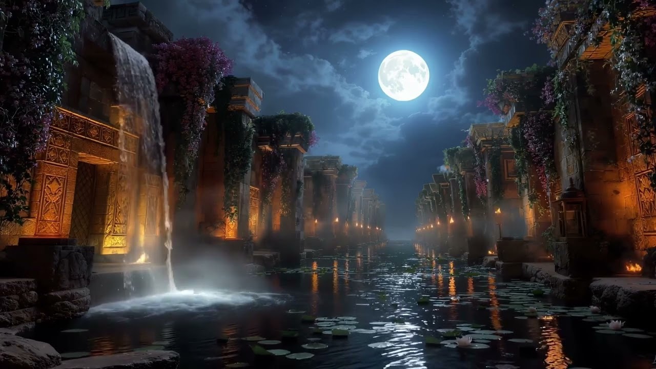 Midnight Temple & Waterfalls🌕| Deep Fantasy Ambience for Sleep & Relaxation