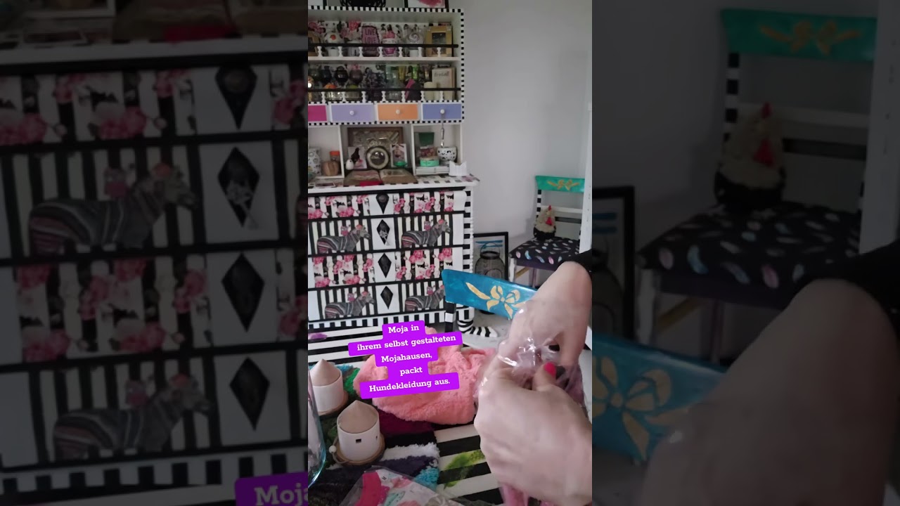 Hier packe ich neu gelieferte Hundekleidung , in meinem selbst gestalteten Upcycling Esszimmer aus. 