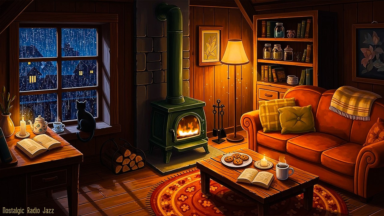 fireplace, rainy sounds & soft vintage music for relax & unwind | deep sleep in a cozy ambience