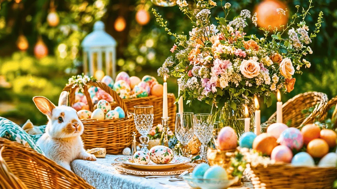 Happy Easter Jazz in the Garden – Cozy Spring Café Vibes with Bunny, Flowers & Painted Eggs