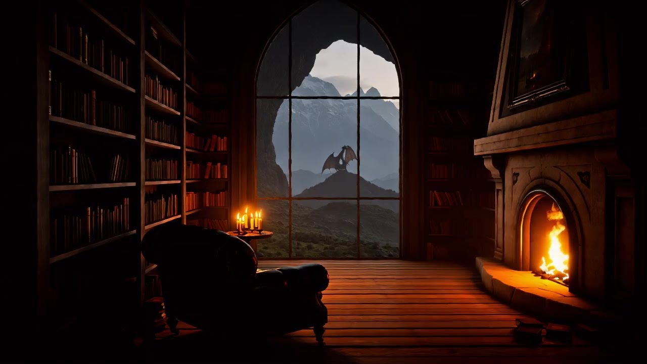 Cozy Medieval Library with Distant Dragons | 2 Hours Ambient Fantasy Reading