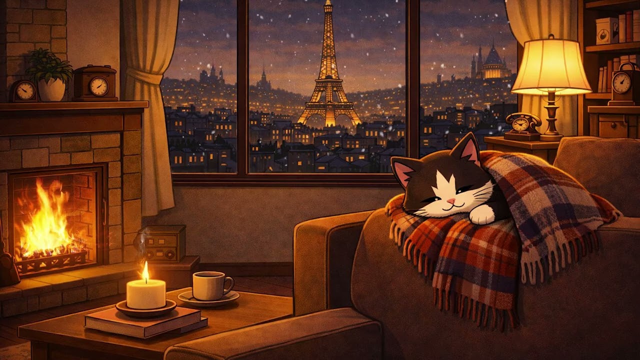 Vintage Jazz Fireplace Ambience | Cozy Winter Night Radio Music for Relaxing & Focus