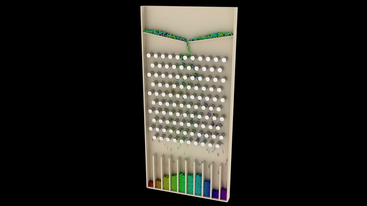 Galton board simulation, with magical colors