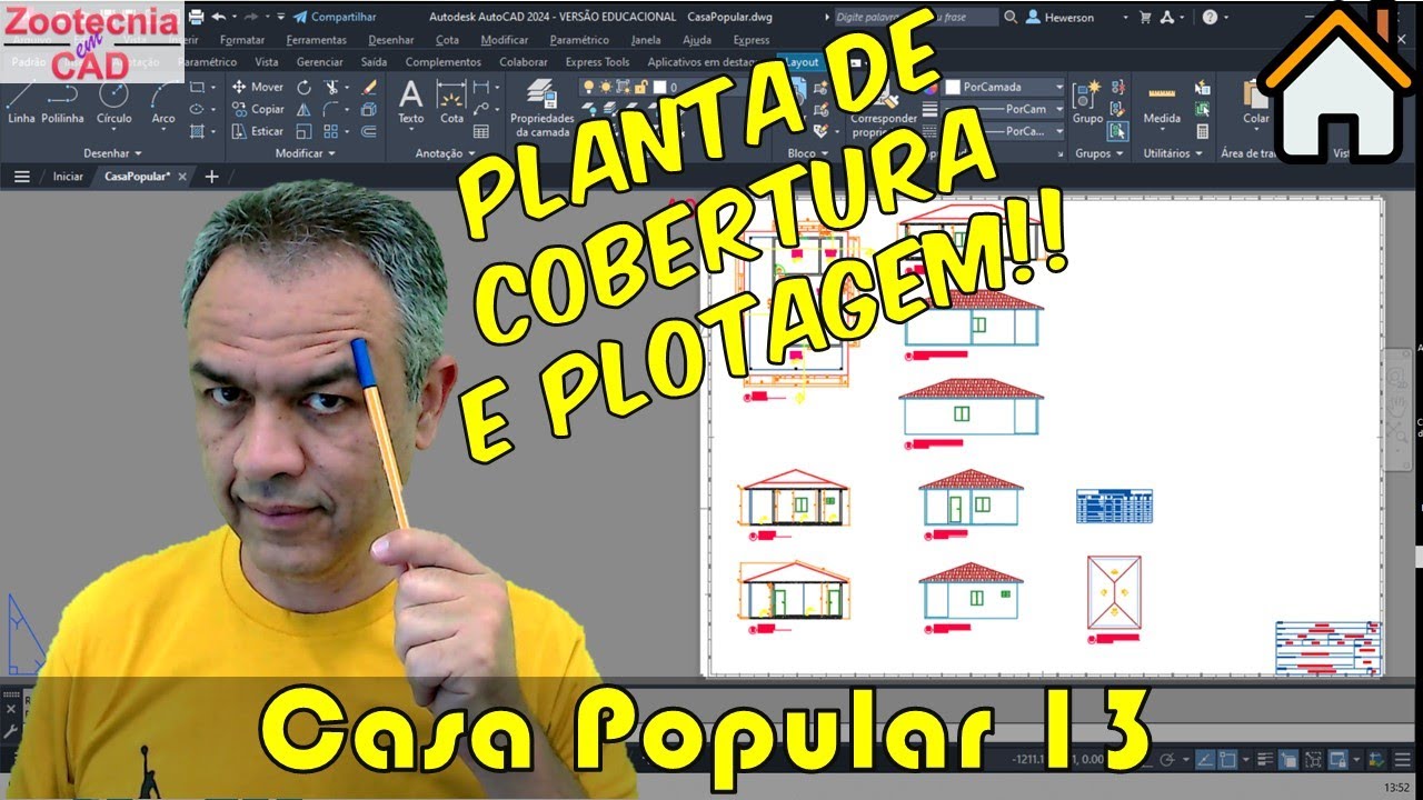 Casa Popular 13: Planta de Cobertura e Plotagem em AutoCAD