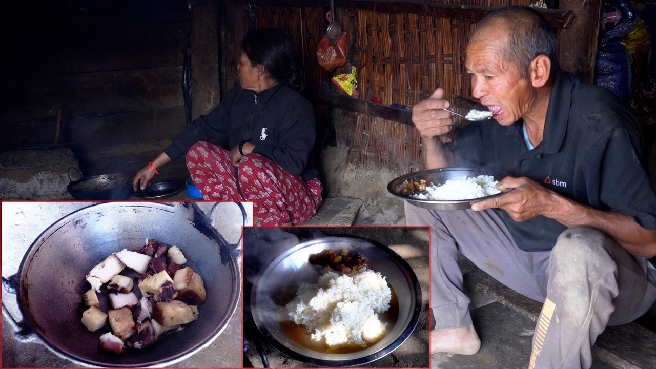jungle man's wife cooks  pork curry in the lunch for him || jungle family cooking ||