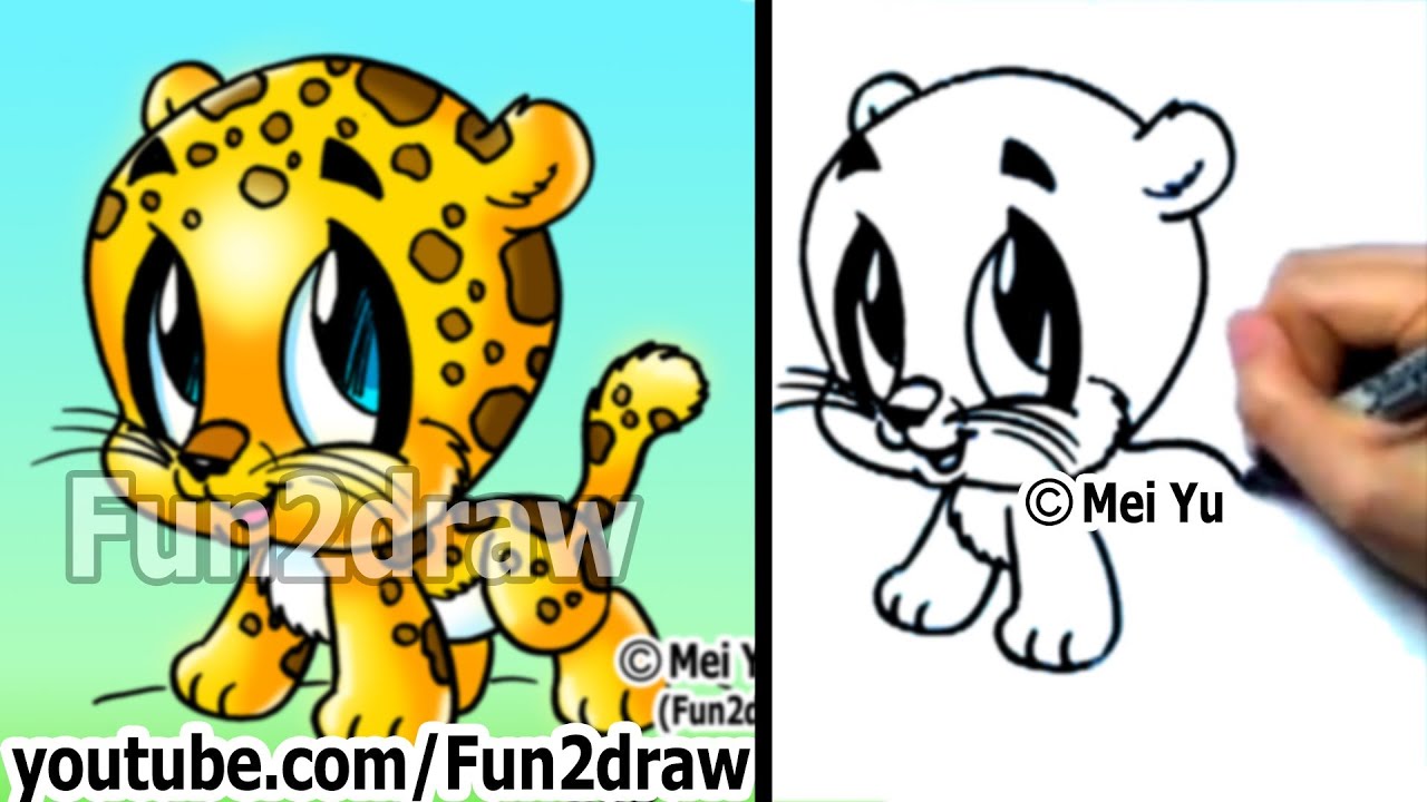 How to Draw Cartoon Characters - How to Draw a Baby Jaguar - Cute Art - Fun2draw Online Art Lessons