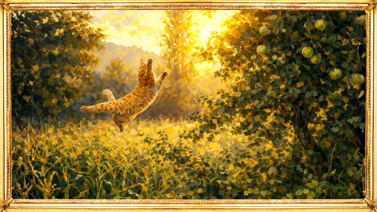 Orange cat Leaping through the golden light | TV Frame Art Screen Saver Oil Painting Impression