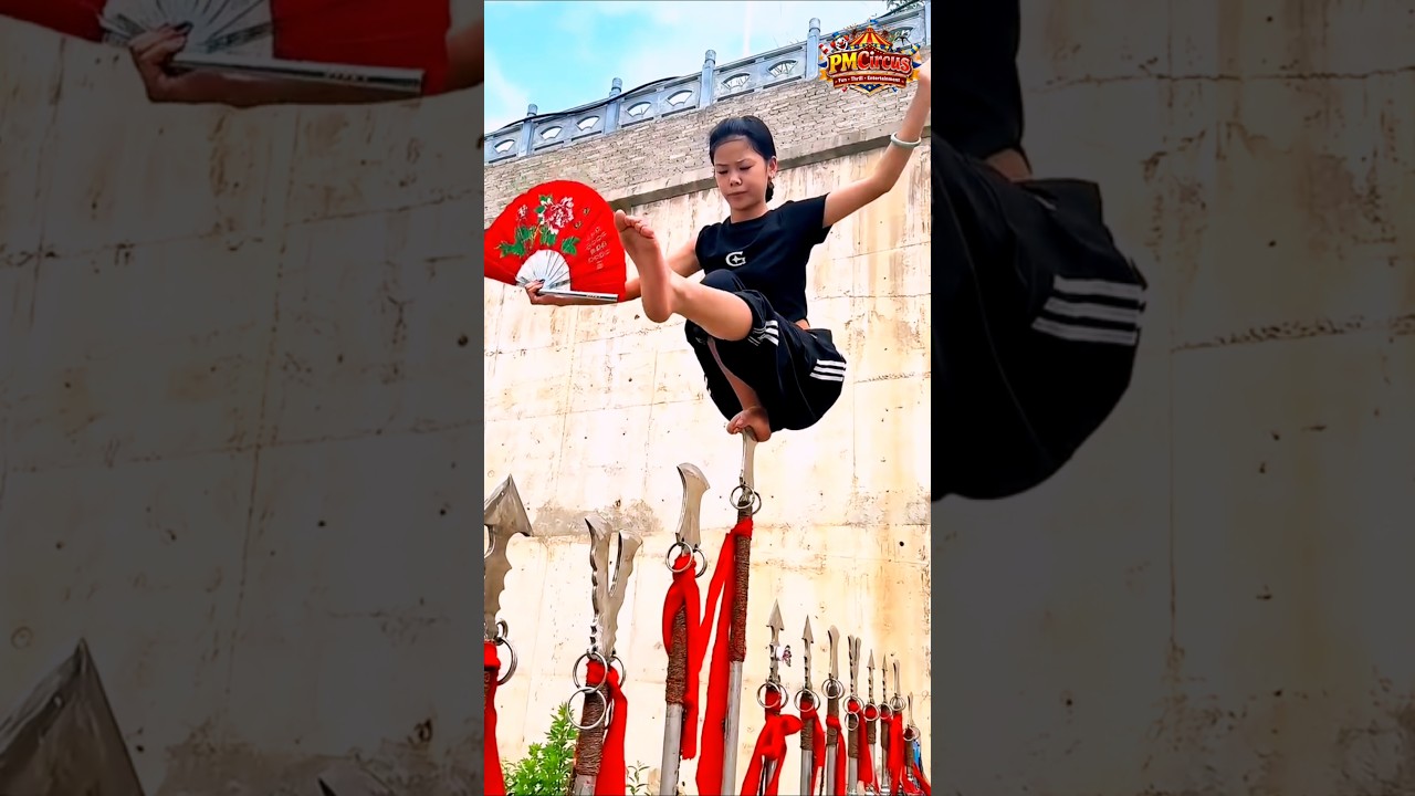 Barefoot girl performing stunts on swords 😱 