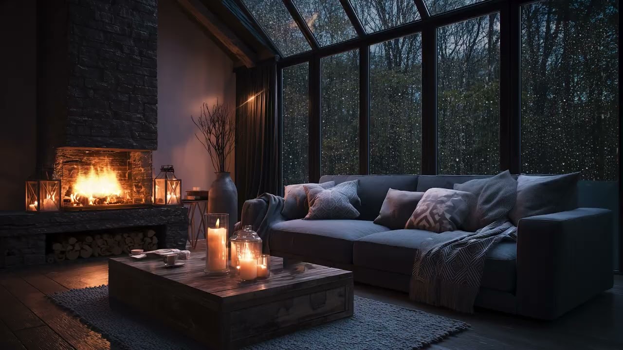 Rain Falling Over the Forest | Warm Fireplace, Calm Private Living Room