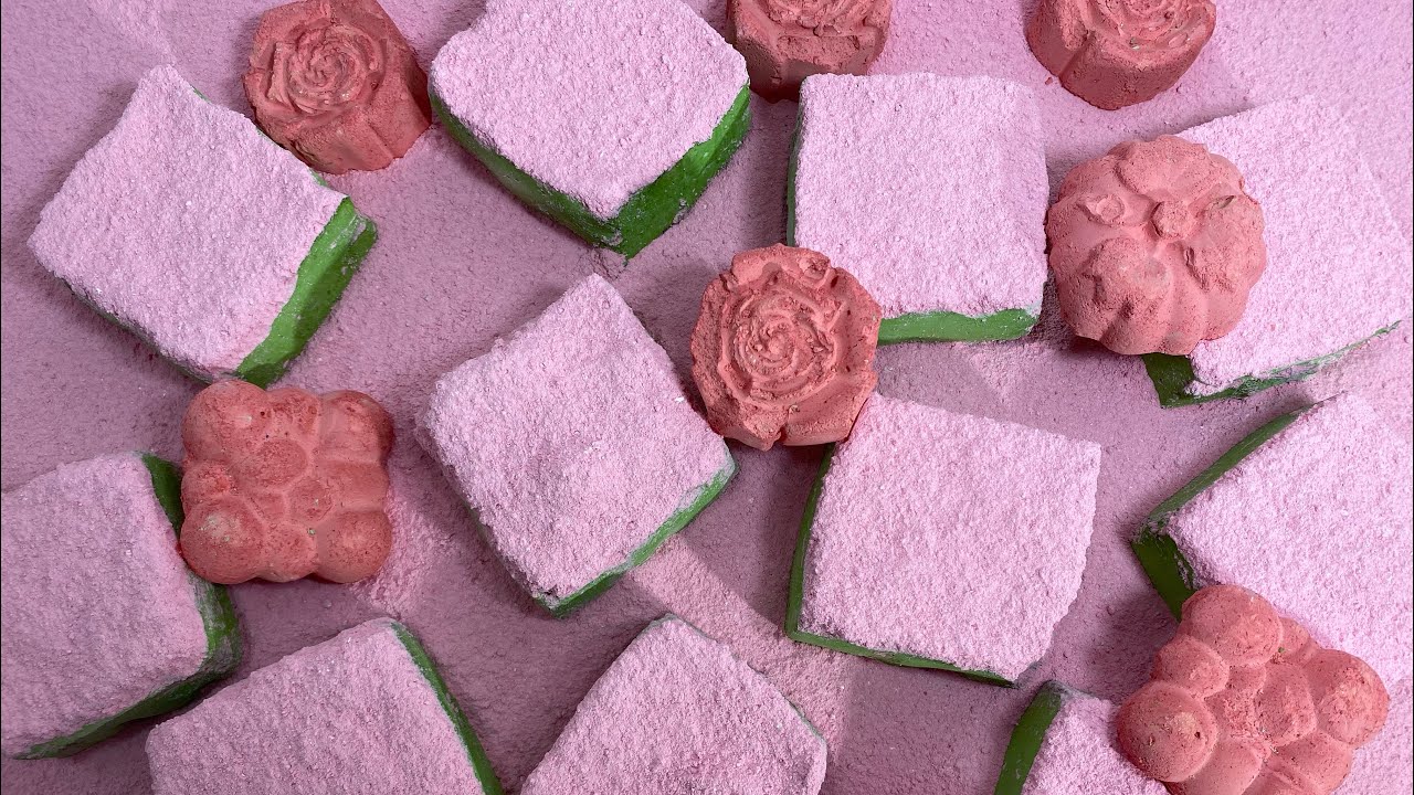 Pink Powder Covered Green Blocks Reform ~ sifting and powder play