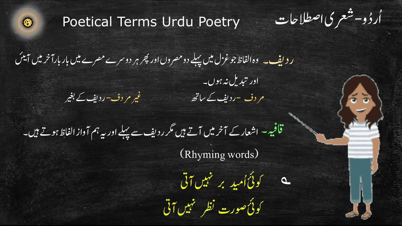 Urdu  sheri istalhat- شعری اصطلاحات  radif- ردیف - qafia - قافیہ- matla - مطلع - maqta - مقطع