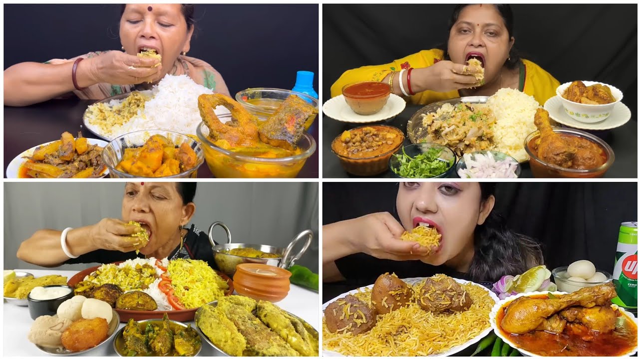Asmr🔥Eating Kolkata Mutton Biryani, Sorse Pabda, Charapuna Jhal, Spicy kochur Vorta, Begun Vaja & 🍚🤤