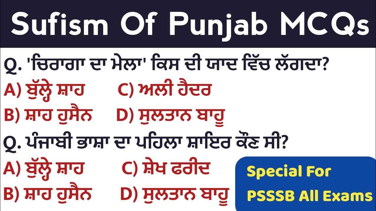 Suffism Of Punjab All MCQs For PSSSB All Exams 2022 | Sufism Questions In Punjabi