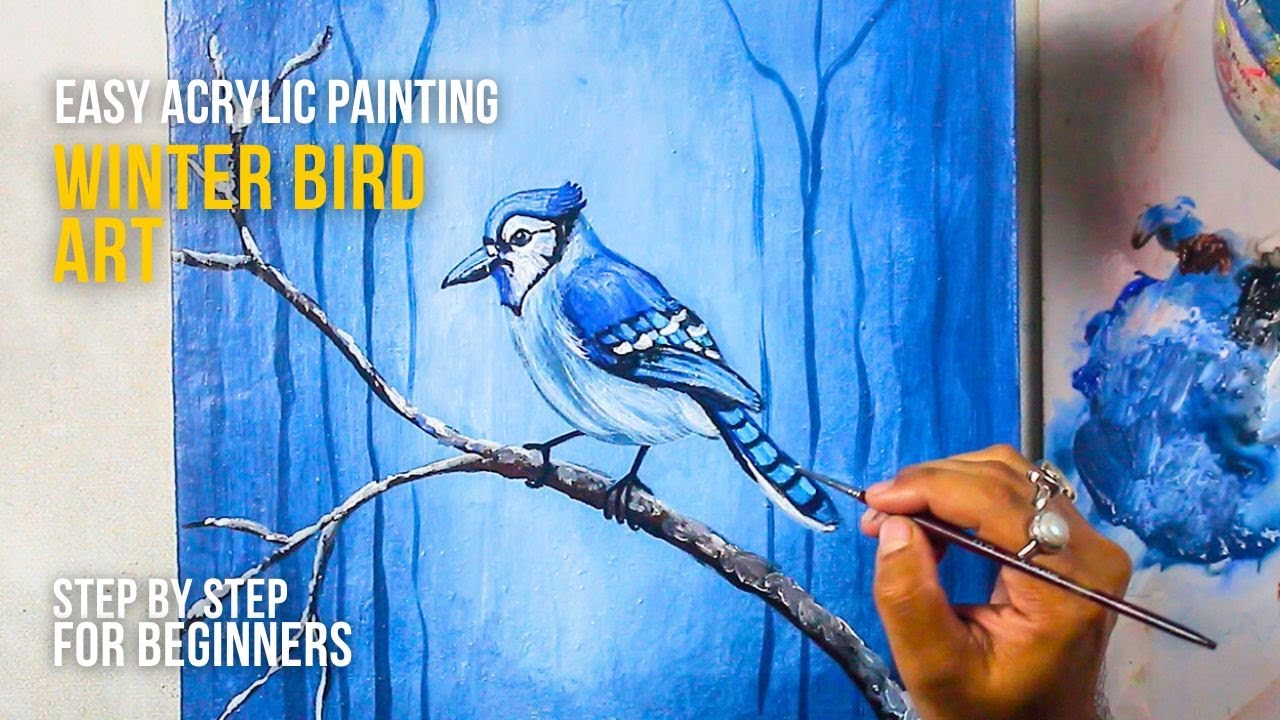 Easy Winter Blue Jay Bird Acrylic Painting | Step by Step for Beginners