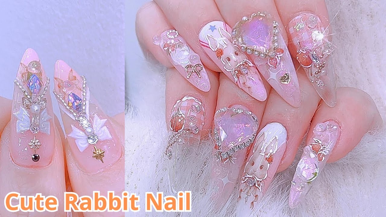 sub)Cute Pink Rabbit Nail|Korean nail art|Nail Tutorial|Self Nail|Nail Tip Extension|ASMR