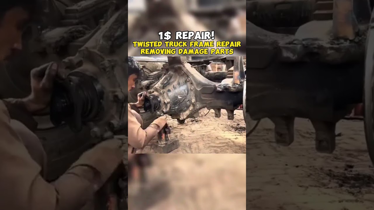Twisted truck frame repair removing damage parts||