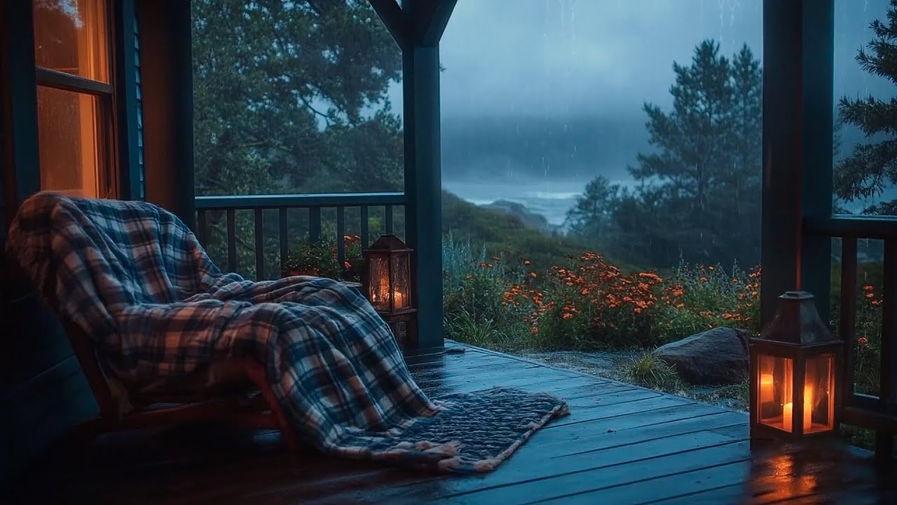 Rainy Coastal Evening🌧️ Candlelight, Ocean Waves & Cozy Cabin Porch Ambience🕯️Sleep - Study - Relax
