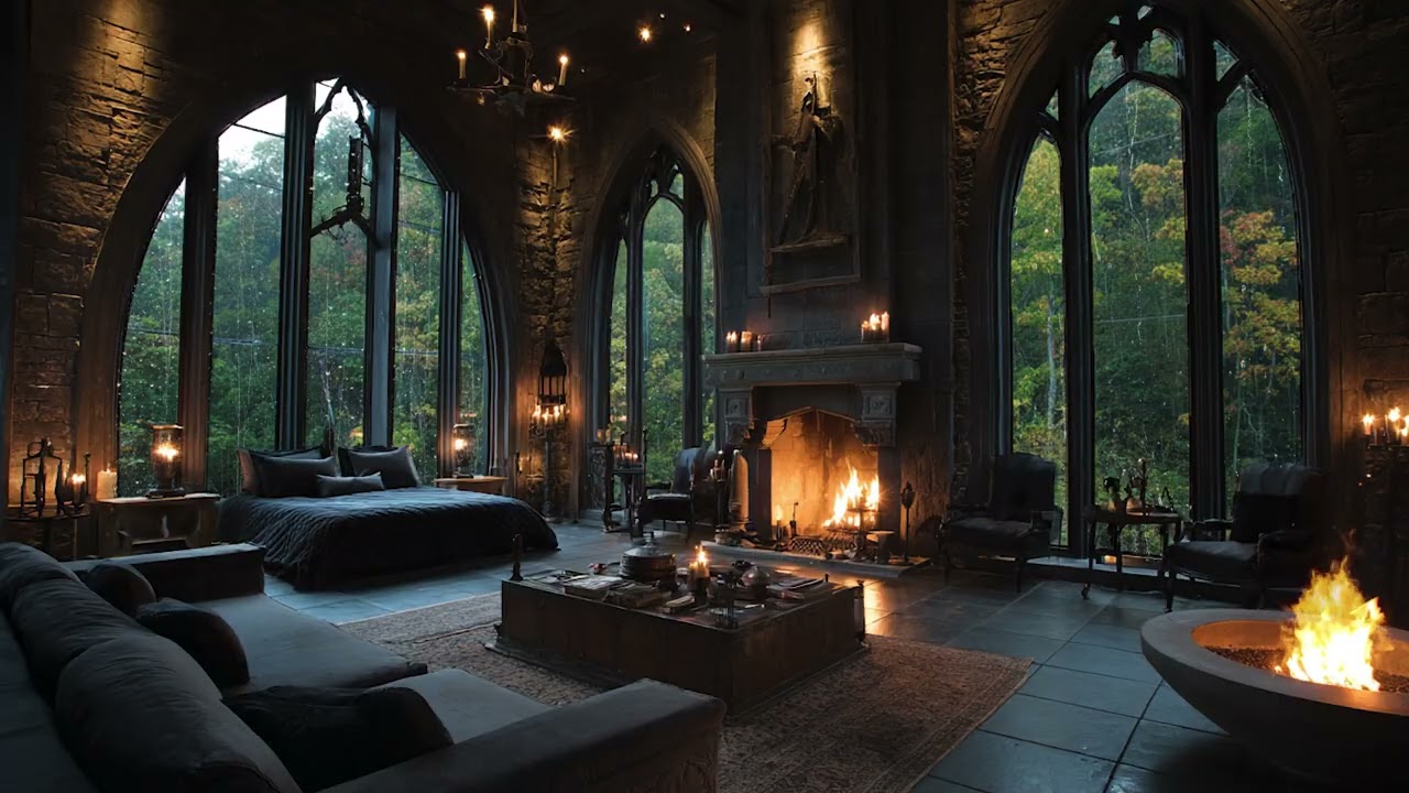 Warm Fireplace in a Ancient Gothic Castle 🌲 Rain Sounds for Sleep & Stress Relief