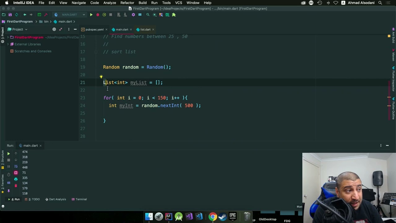05 05   أساسيات لغة دارت  while Loop   Random    Lopping in List   Method list