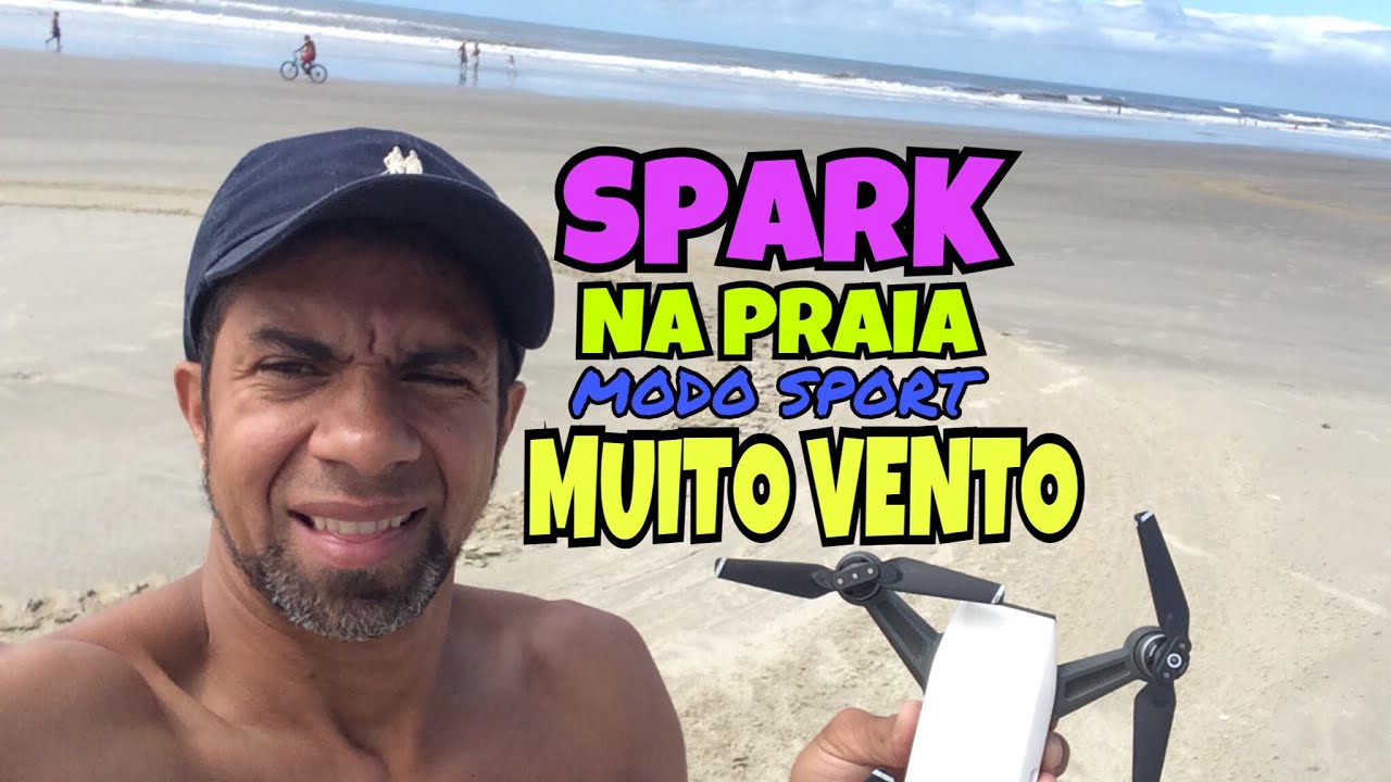 Drone spark com muito vento na praia modo Sport