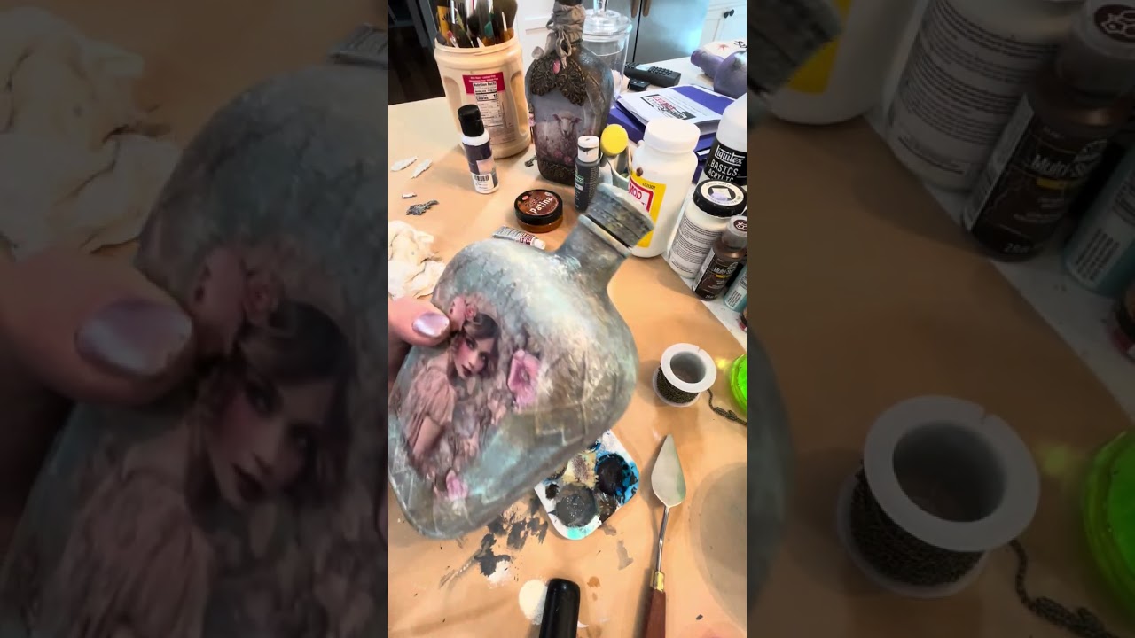 VIDEO 15 - Decoupage Vintage Art Bottle / Adhering Clay Embellishments & Gilding Wax #decoupage  