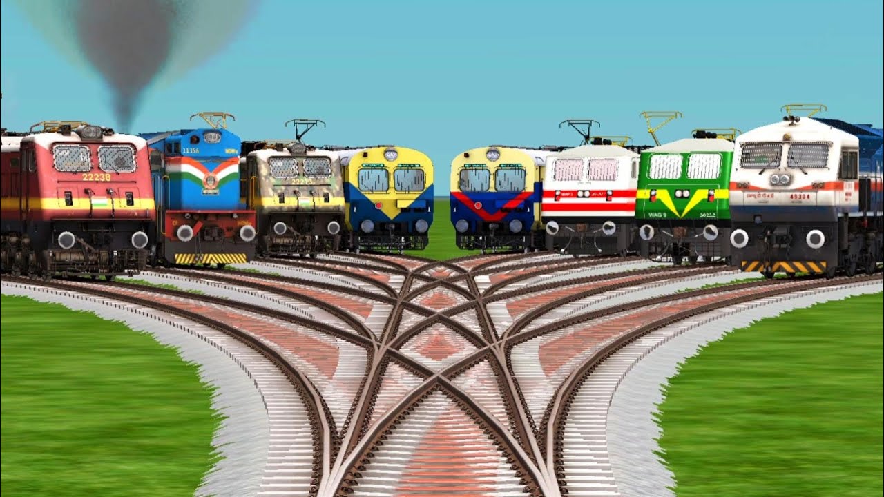 8 Crazy Trains Crossing At Bumpy Forked Railroad Tracks || risky track || train simulator classic 