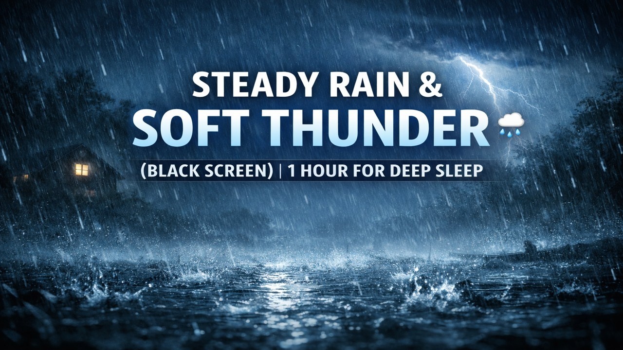 Steady Rain & Soft Thunder 🌧️ Black Screen  1 Hour