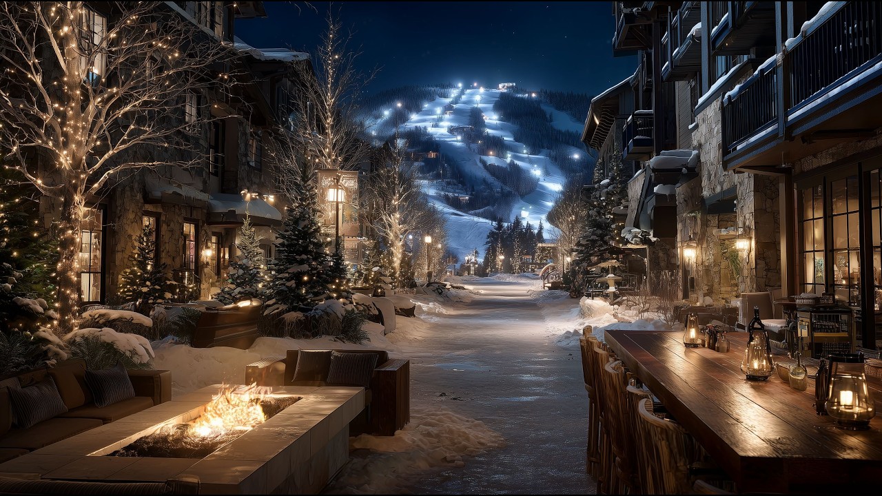 Ski Town Nighttime Ambience ❄️ Cozy Night Street Ambience with Fire Crackling | 2 Hours