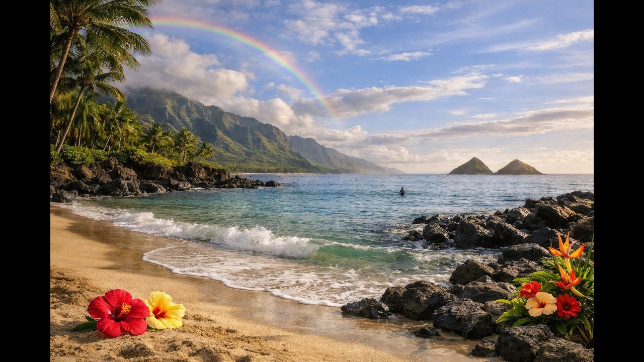 Hawaiian Paradise Beach Waves - Rainbow Over the Ocean | Hours Of Relaxing Nature Sounds