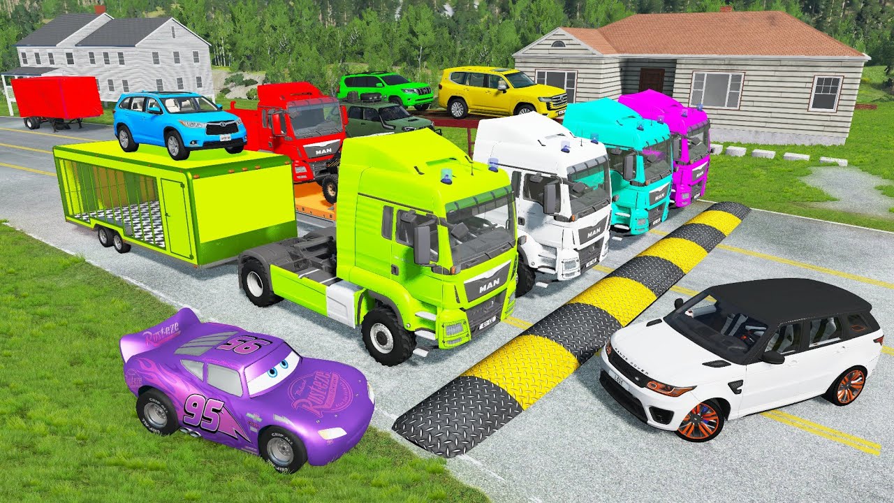 Flatbed Truck McQueen | Transportation with Truck - Pothole vs Car 