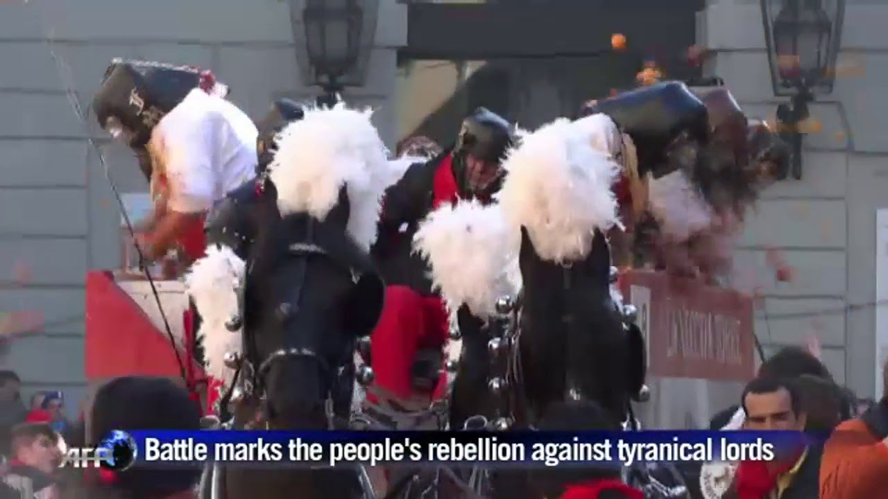 Traditional 'Battle of the Oranges' rages in Ivrea, Italy